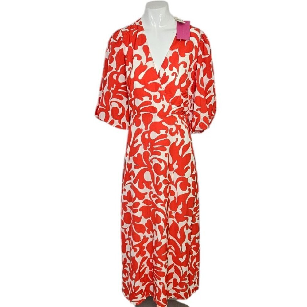Anthropologie RHODE Ina Puff Sleeve V-Neck Printed Midi Dress, Red, White, 0,NWT